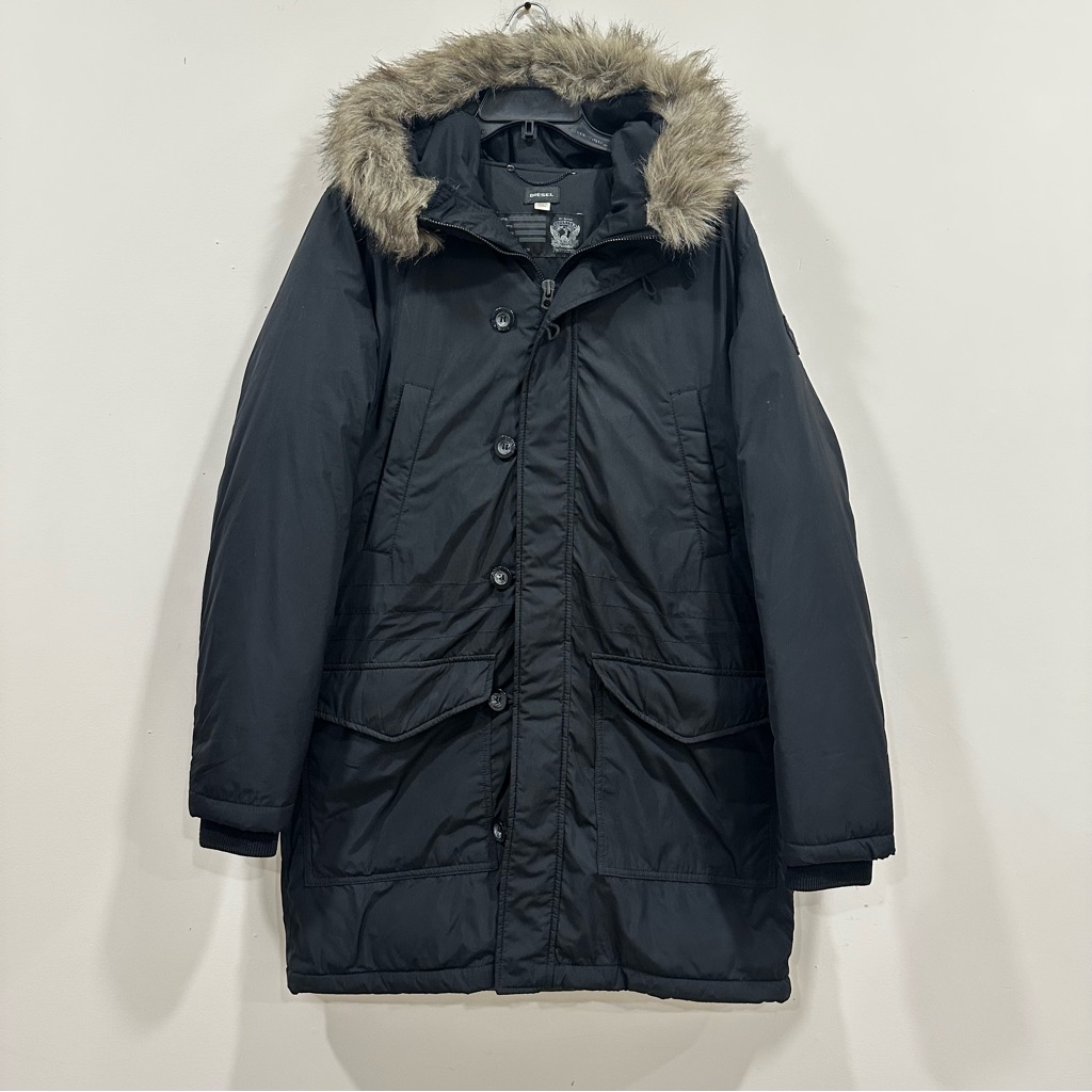 Diesel Mens Long Black Padded Winter Parka Jacket Dupont Teflon Coat Size Xl